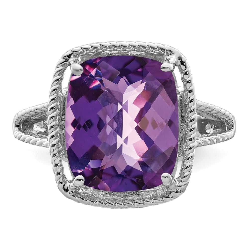 Sterling Silver Rhodium Plated Checker Cut Amethyst Ring