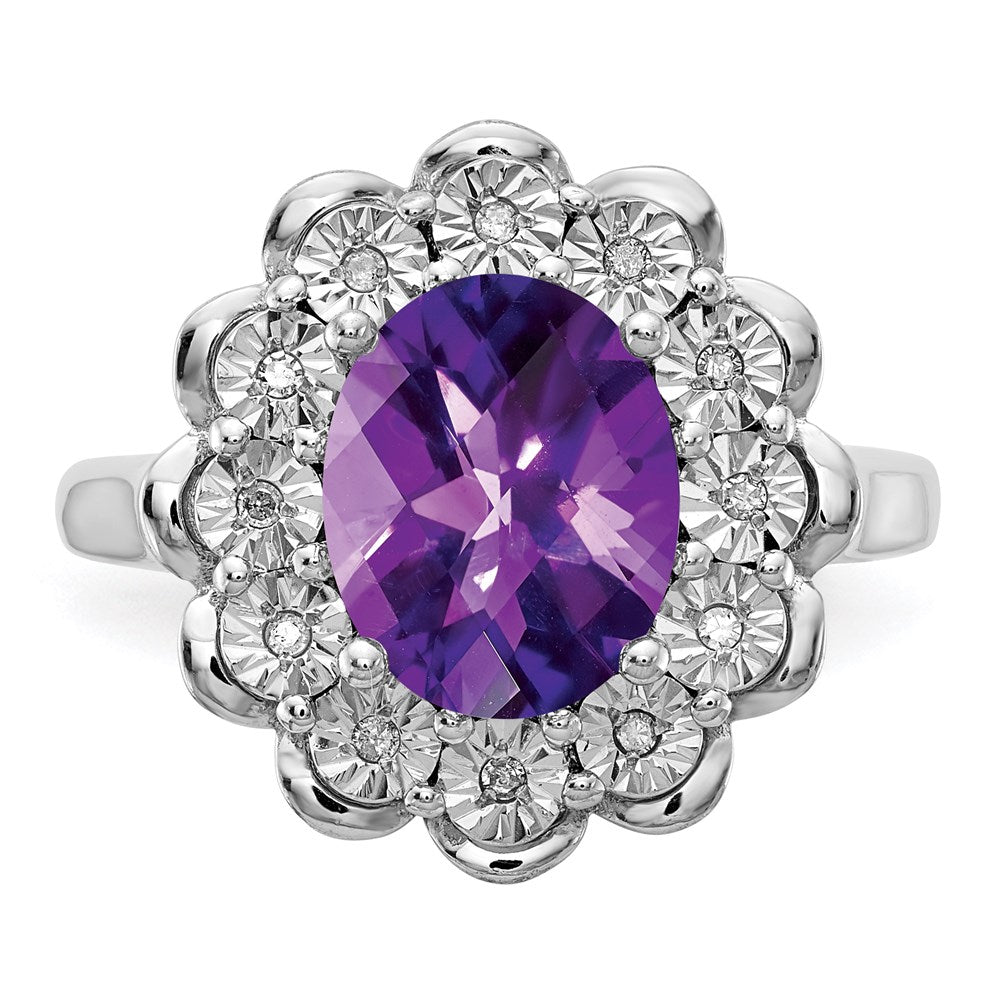 Sterling Silver Rhodium Plated Diamond & Checker Cut Amethyst Ring