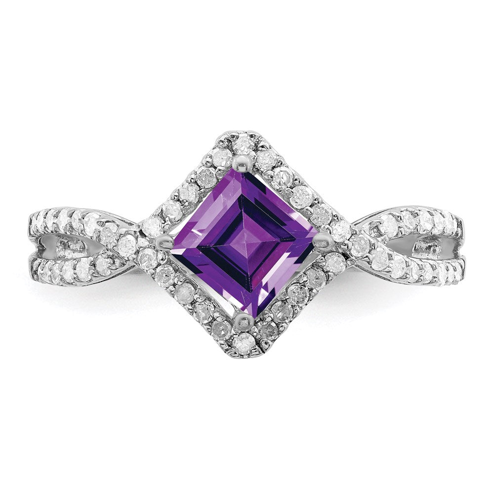 Sterling Silver Rhodium Plated Diamond & Amethyst Ring