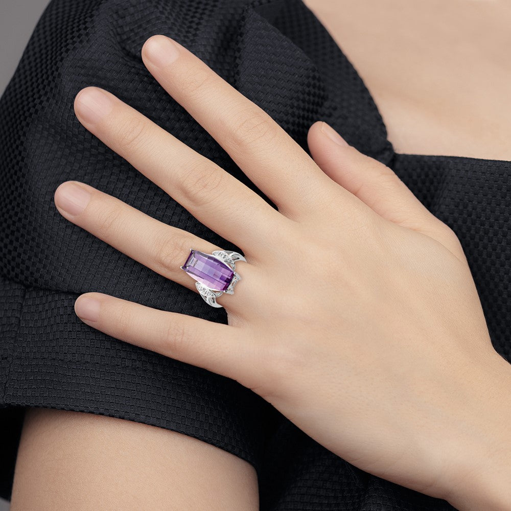 Sterling Silver Rhodium Plated Amethyst & Diamond Ring