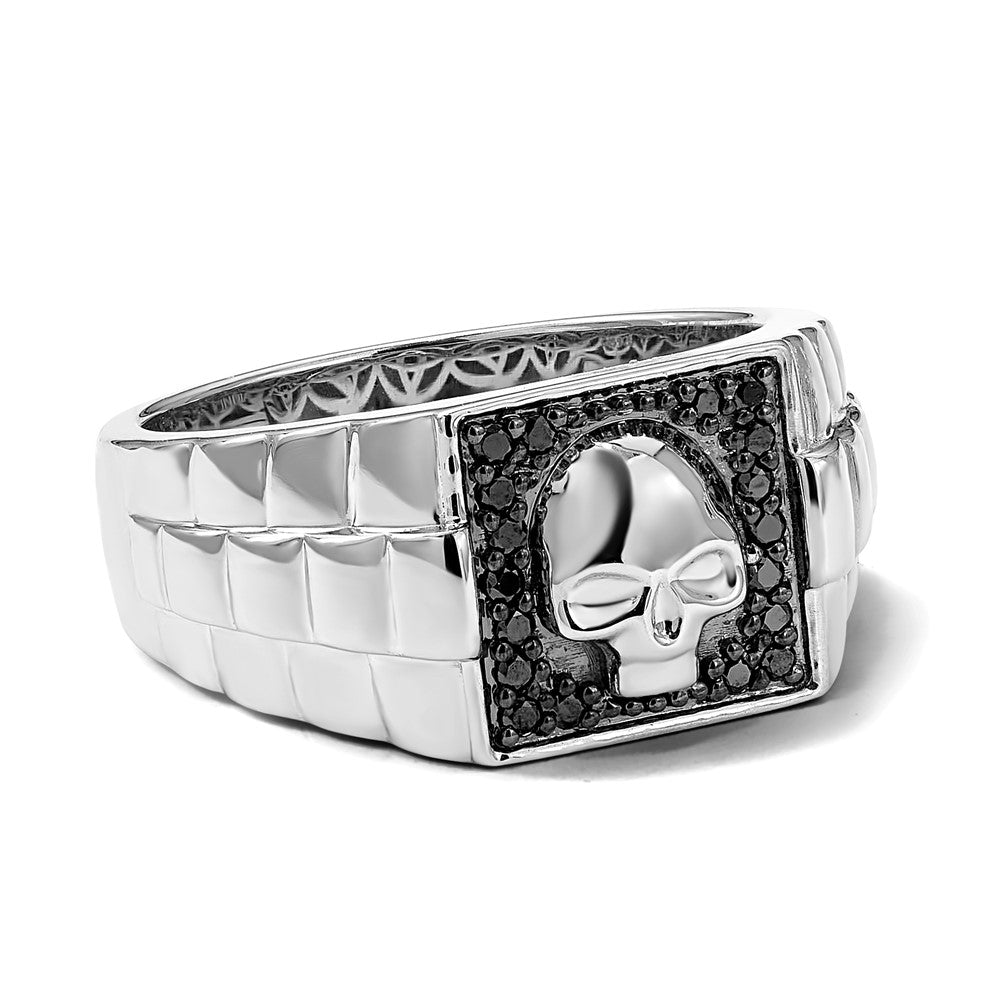 Sterling Silver White Night Rhodium Plated Black Diamond Square Skull Men'S Ring
