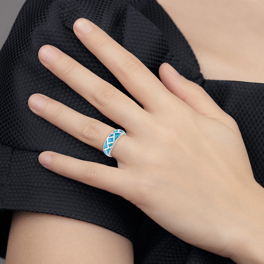 Sterling Silver Rhodium Plated Geometric Lab Created Blue Opal Ring
