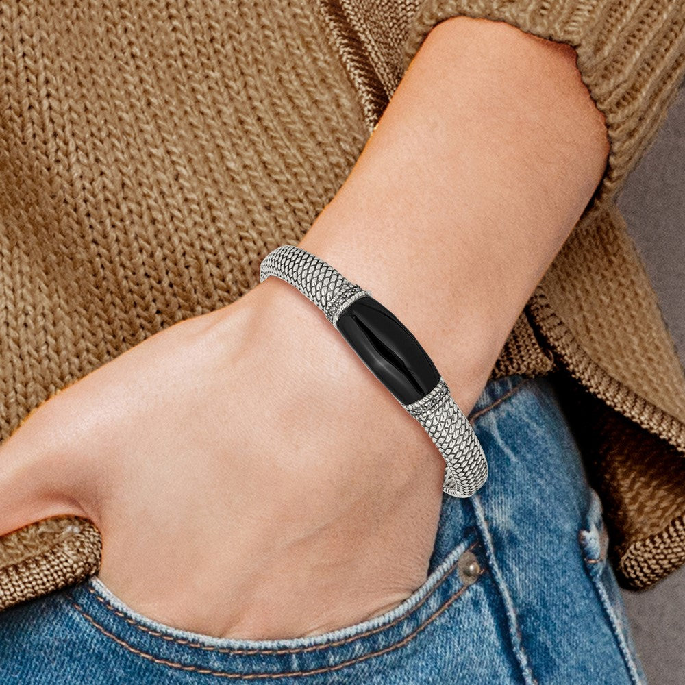 Sterling Silver Shey Couture Antiqued Black Onyx And Diamond Hinged Bangle Bracelet