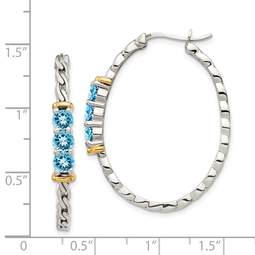 14K/Silver Two Tone Shey Couture Sterling Silver With 14K Accent Antiqued Round Light Swiss Blue Topaz Hoop Earrings