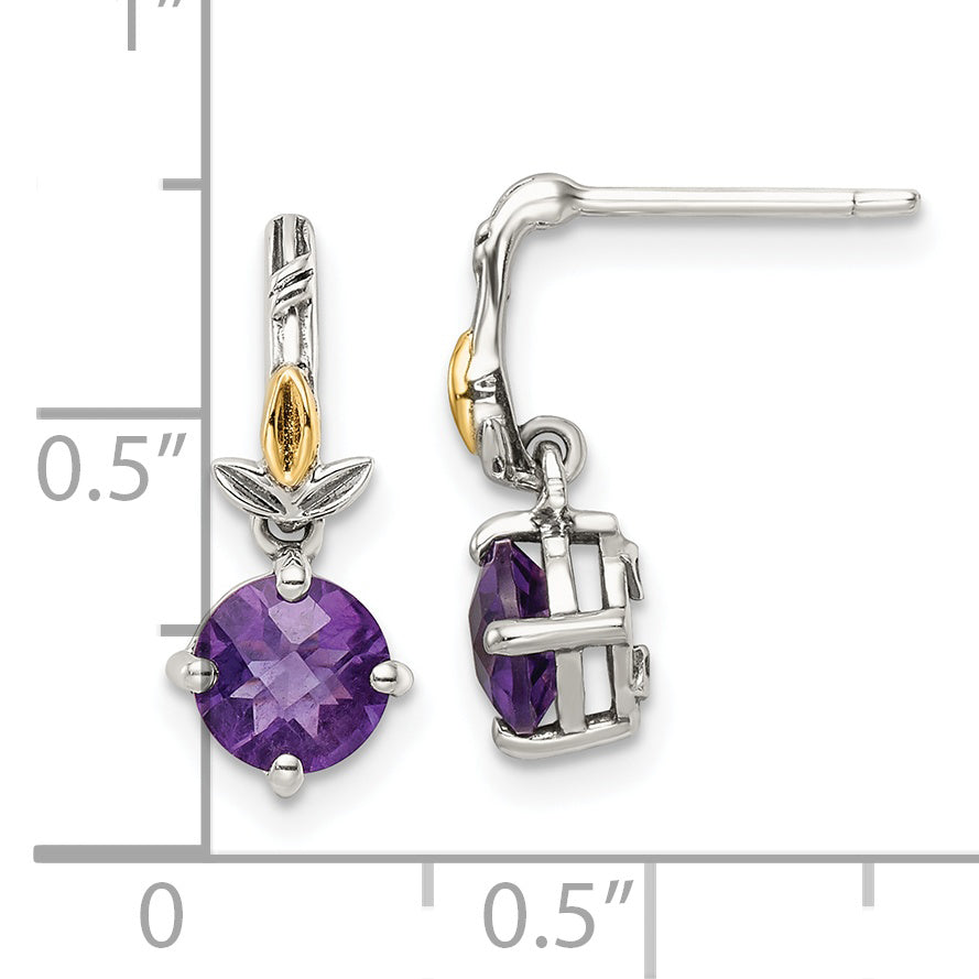 14K/Silver Two Tone Shey Couture Sterling Silver With 14K Accent Leaves Round Amethyst Dangle Post Earrings