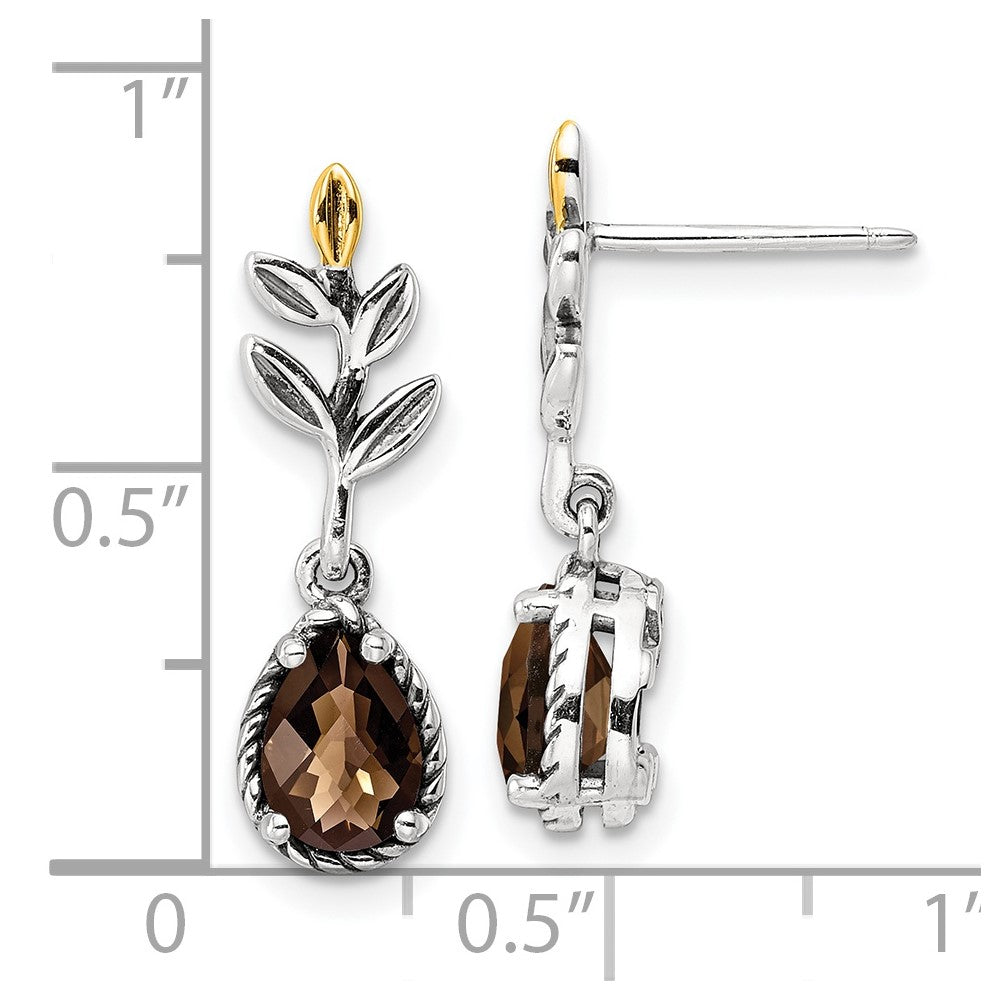 14K/Silver Two Tone Shey Couture Sterling Silver With 14K Accent Leaves Pear Shaped Checkerboard Smoky Quartz Dangle Post Earrings
