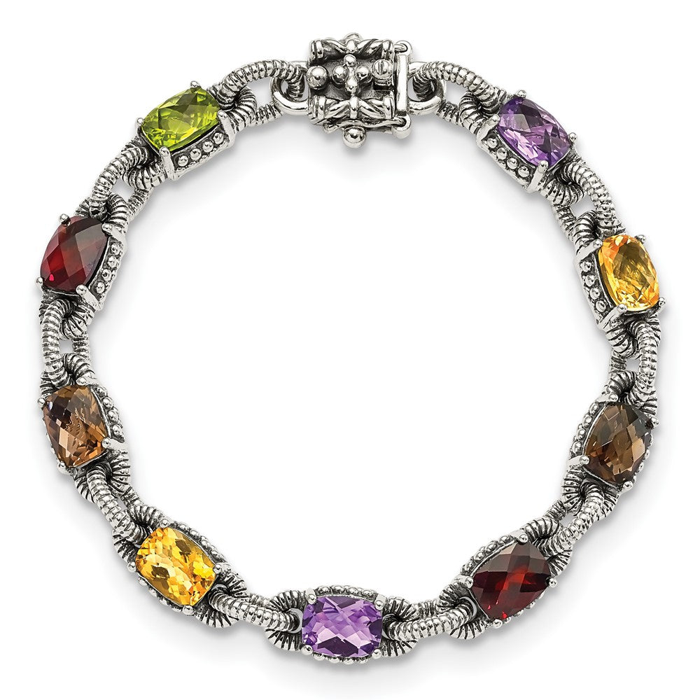 Sterling Silver Shey Couture 7.25 Inch Antiqued Cushion .86Amethyst/.86Citrine/1.10Garnet/.55Peridot/.86Smoky Quartz Bracelet