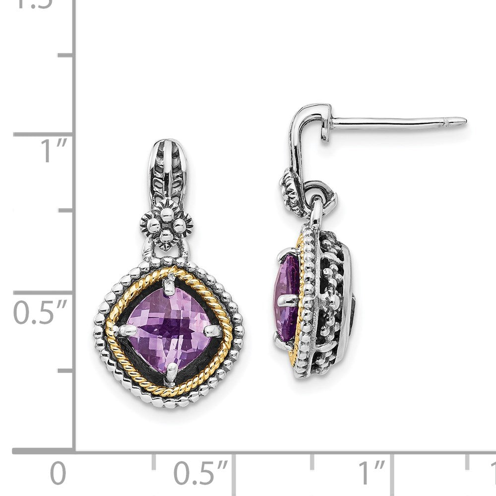 14K/Silver Two Tone Shey Couture Sterling Silver With 14K Accent Antiqued Cushion Amethyst Post Dangle Earrings