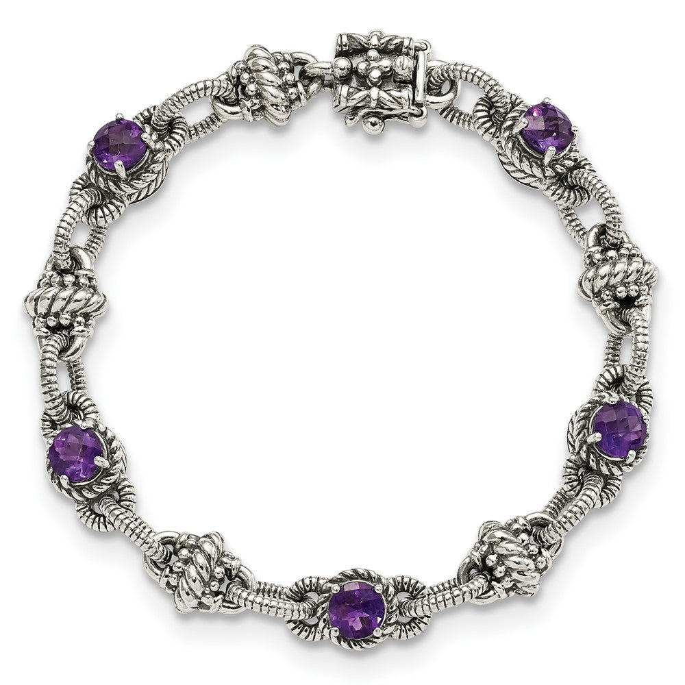 Sterling Silver Shey Couture Antiqued 7.75 Inch Round Amethyst Bracelet