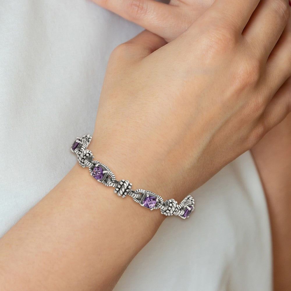 14K/Silver Two Tone Shey Couture Sterling Silver With 14K Accent 7.5 Inch Antiqued Cushion Amethyst Bracelet