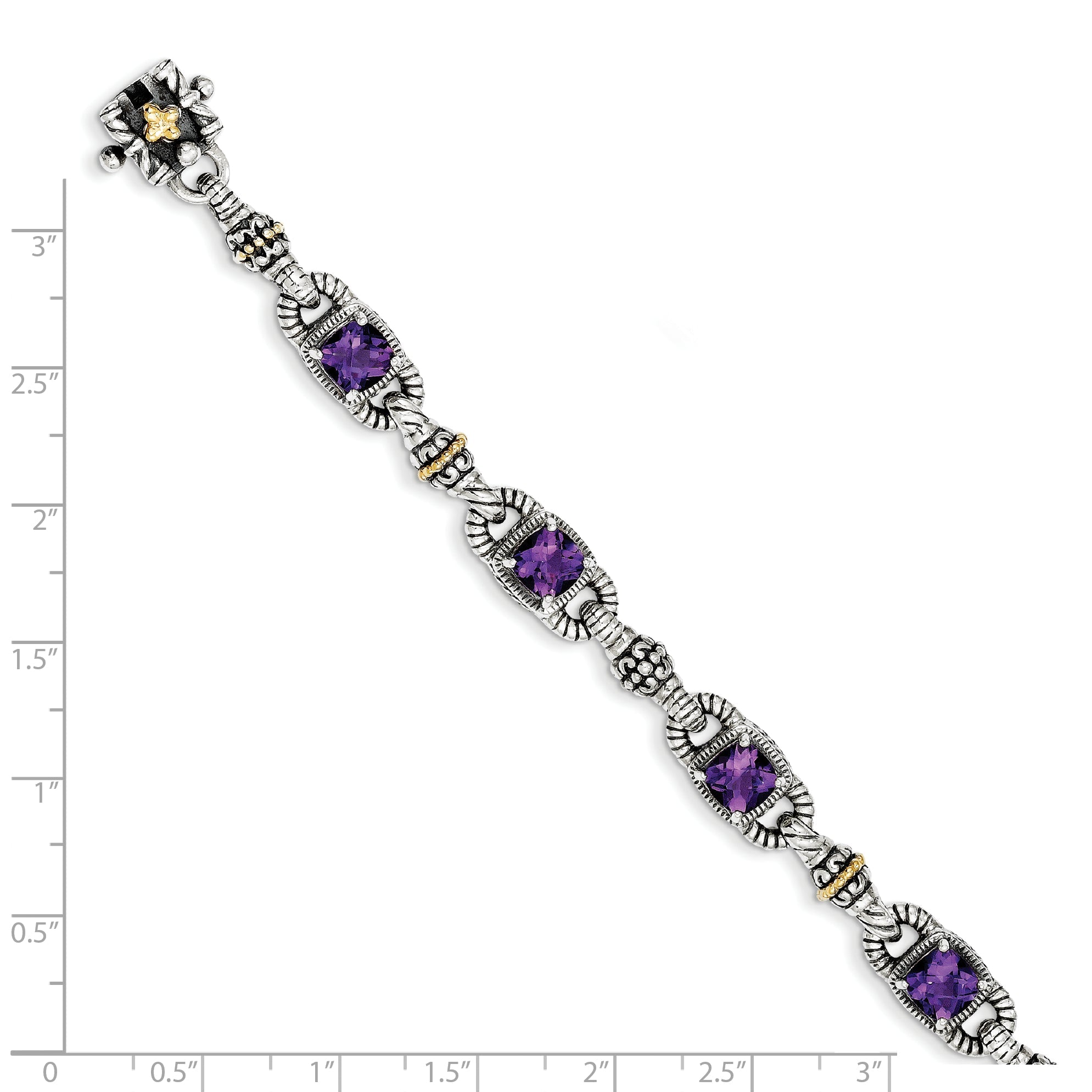 14K/Silver Two Tone Shey Couture Sterling Silver With 14K Accent 7.25 Inch Antiqued Cushion Amethyst Bracelet