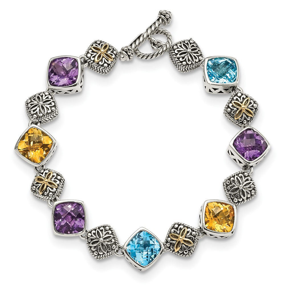 14K/Silver Two Tone Shey Couture Sterling Silver With 14K Accent 8.25 Inch Antiqued Cushion Bezel 7.95Amethyst/7.1Blue Topaz/5.3Citrine Bracelet