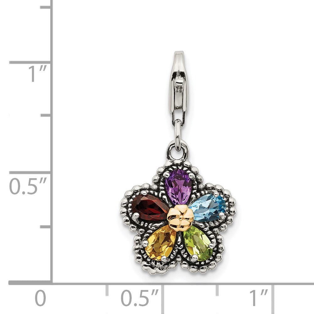 14K/Silver Two Tone Shey Couture Sterling Silver With 14K Accent Antiqued Pear Shaped Amethyst Citrine Blue Topaz Peridot And Garnet Multicolored Gemstone Flower Lobster Clasp Charm