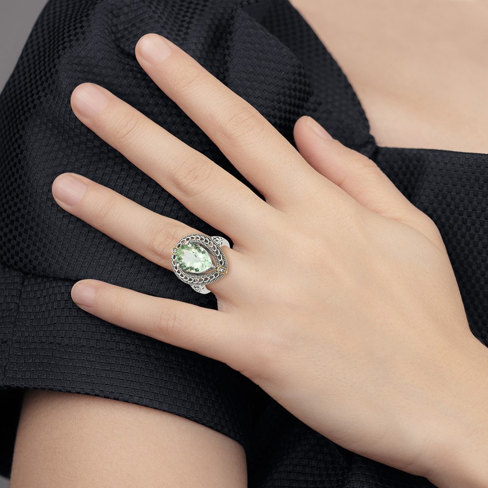 14K/Silver Two Tone Shey Couture Sterling Silver With 14K Accent Antiqued Diamond And Pear Shaped Green Quartz Ring
