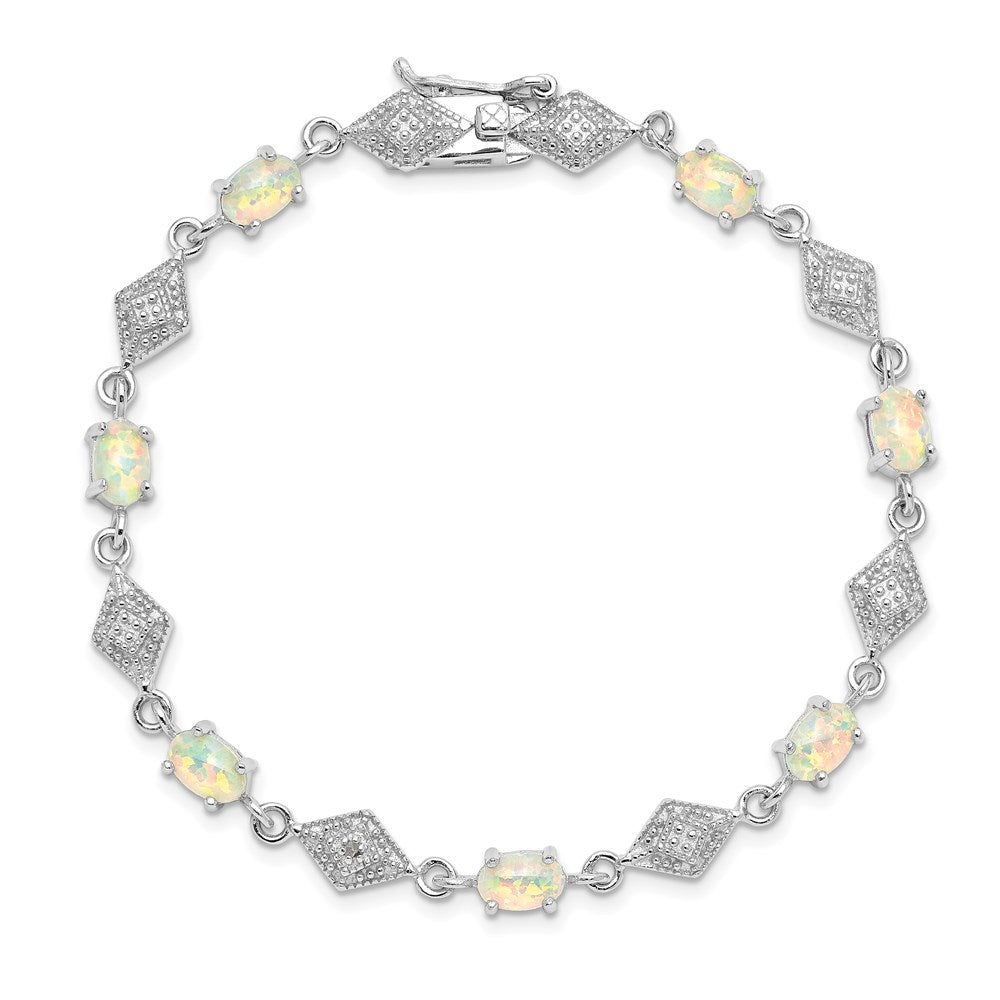 7 Inch Sterling Silver Rhodium-Plated White Created Opal And Cz Bracelet