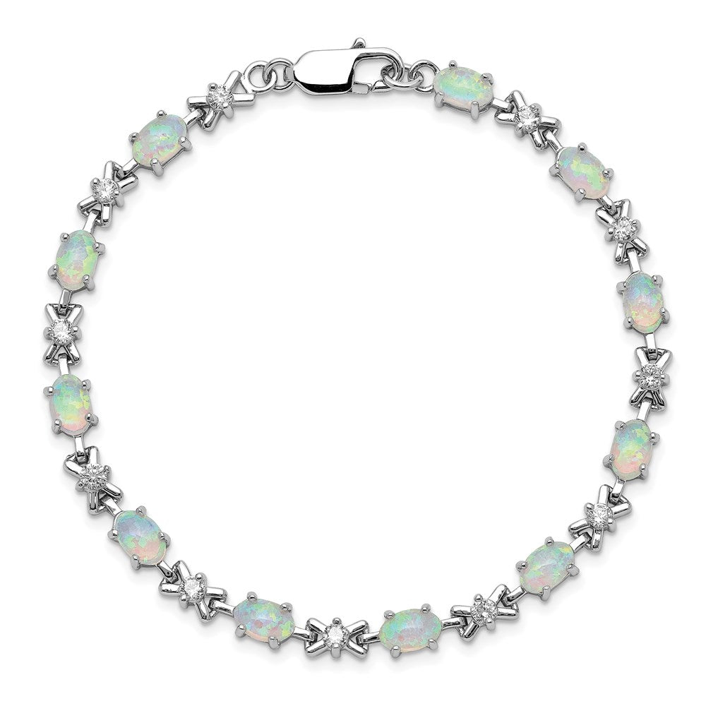 7 Inch Sterling Silver Rhodium Plated 7Inch Cz/Created Opal Xo Bracelet