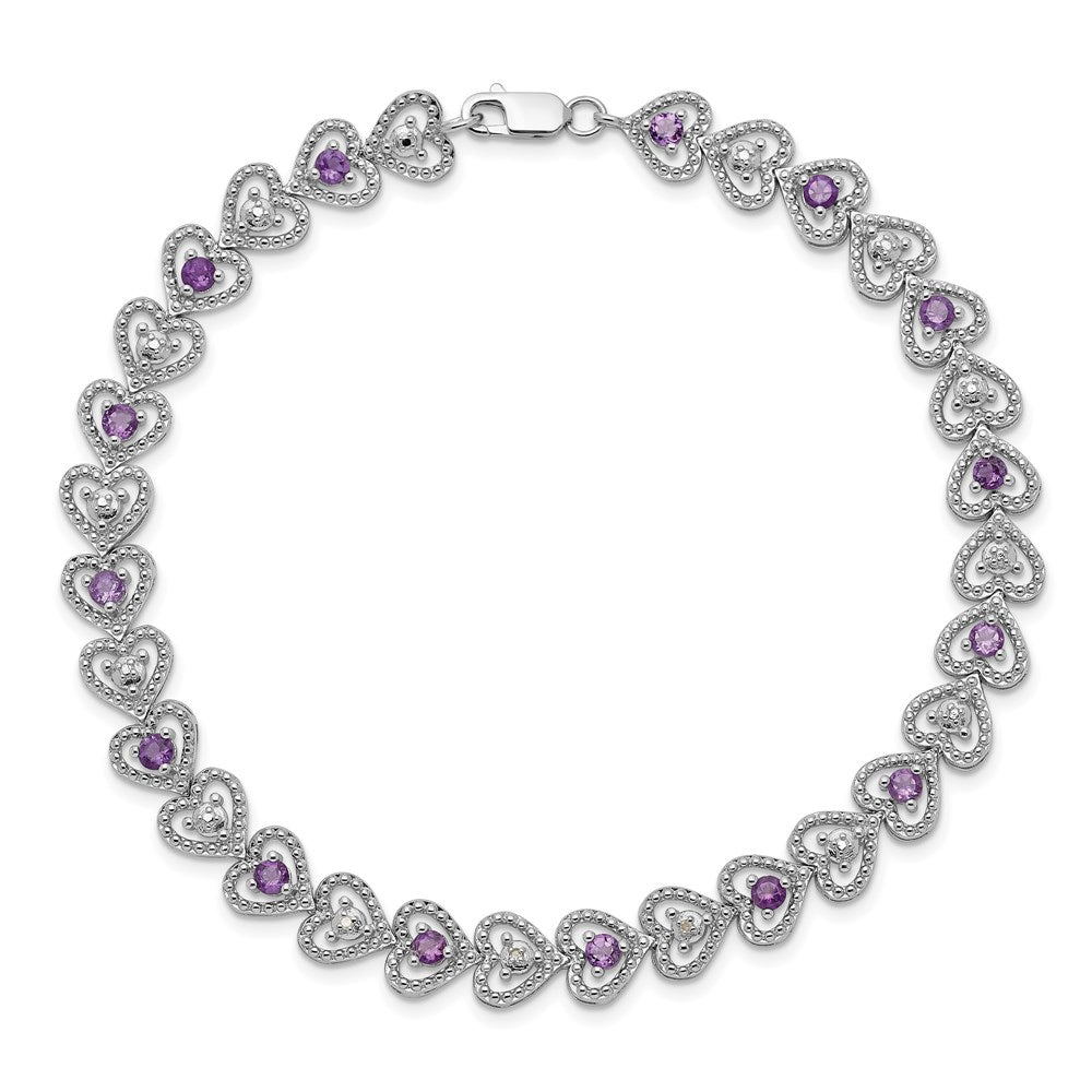 7 Inch Sterling Silver Rhodium-Plated Amethyst Diamond Bracelet