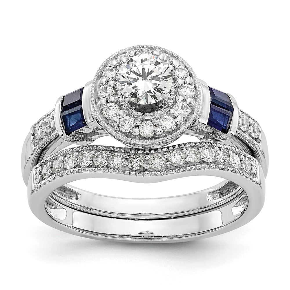 14k White Gold 1/2 Ct. Lab Grown Diamond VS/SI+ G+ and Created Sapphire Round Halo Engagement Ring