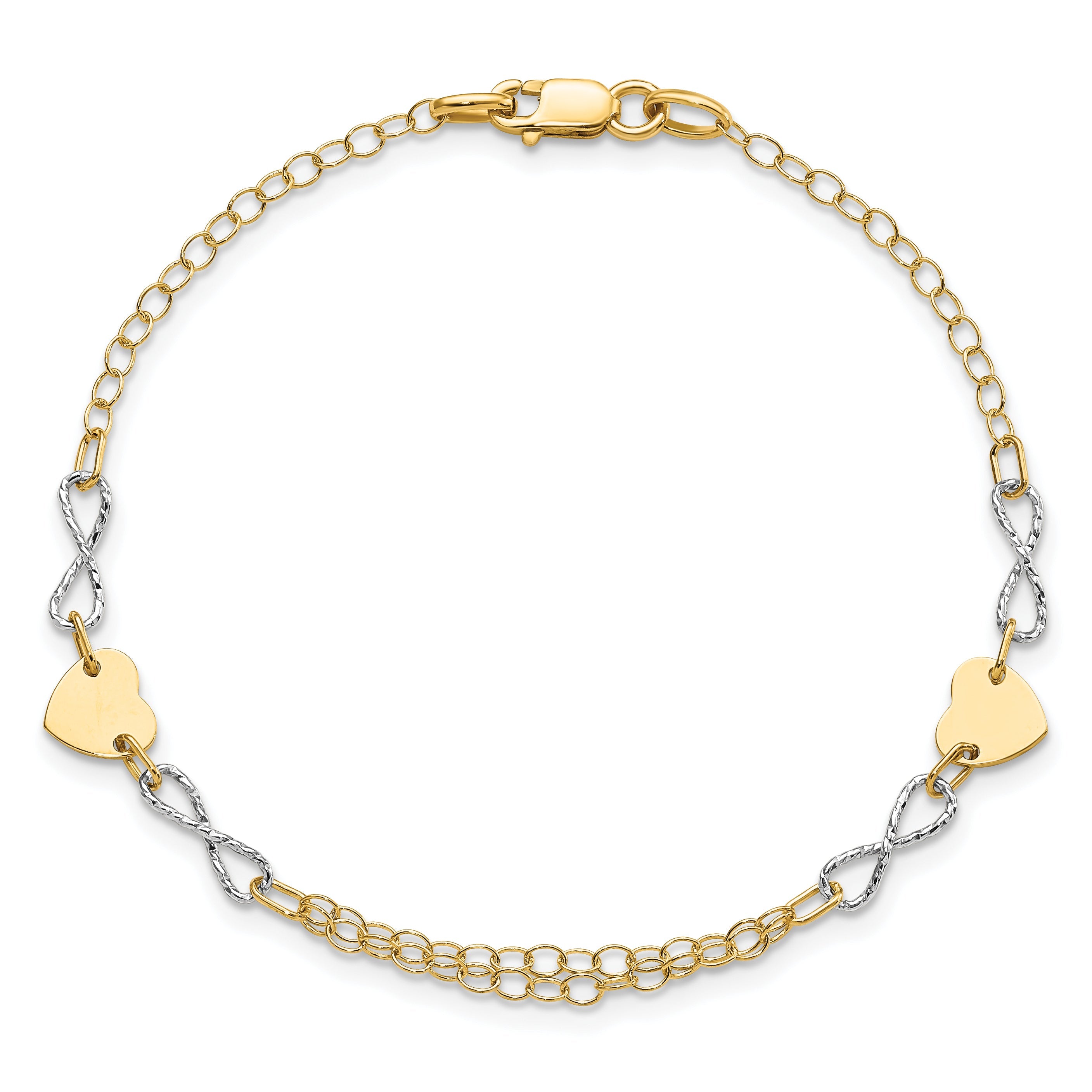 7 Inch 14K Two-Tone Gold Polished Infinity And Heart Bracelet
