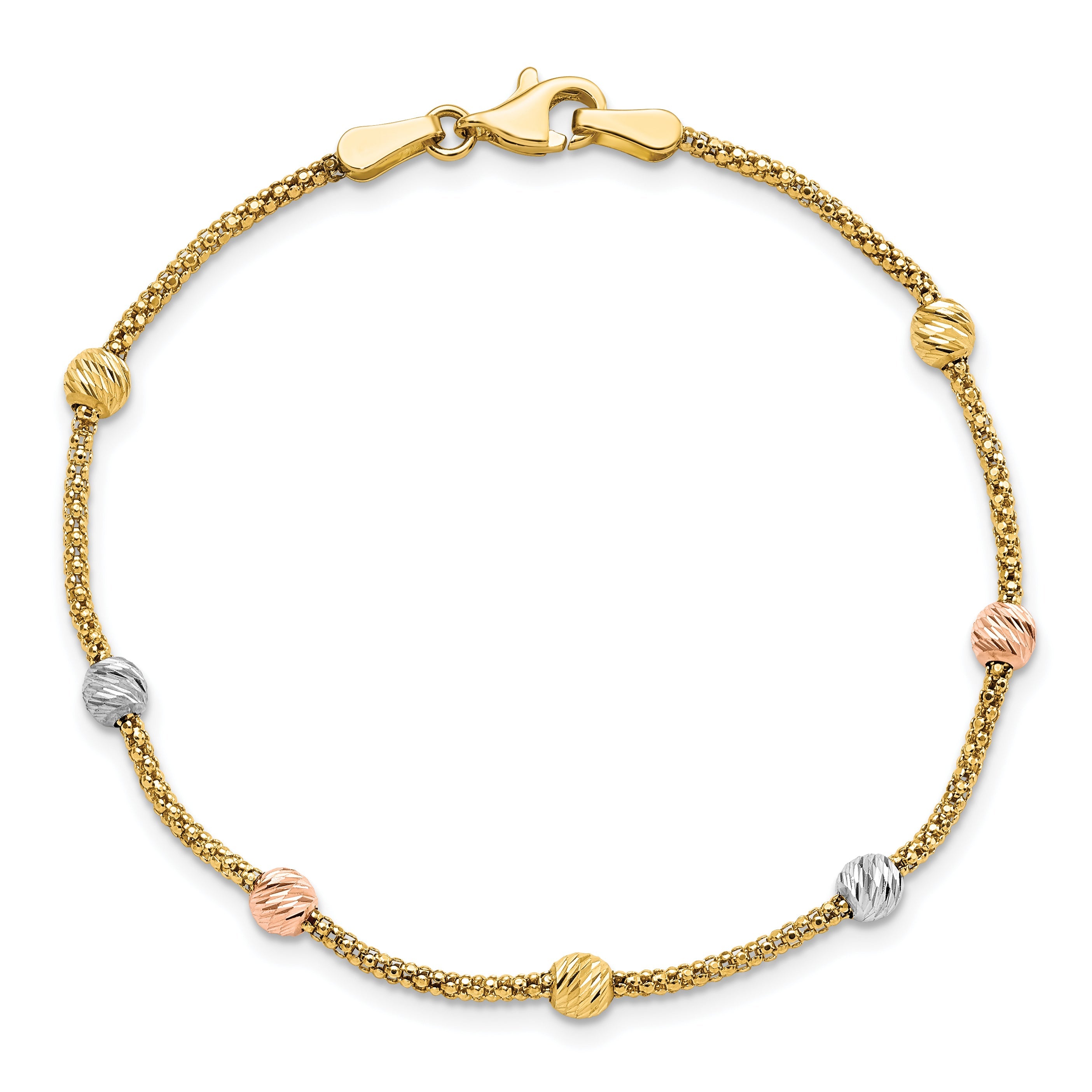7.25 Inch 14K Tri-Color Diamond-Cut 7-Station Bead And Chain Bracelet