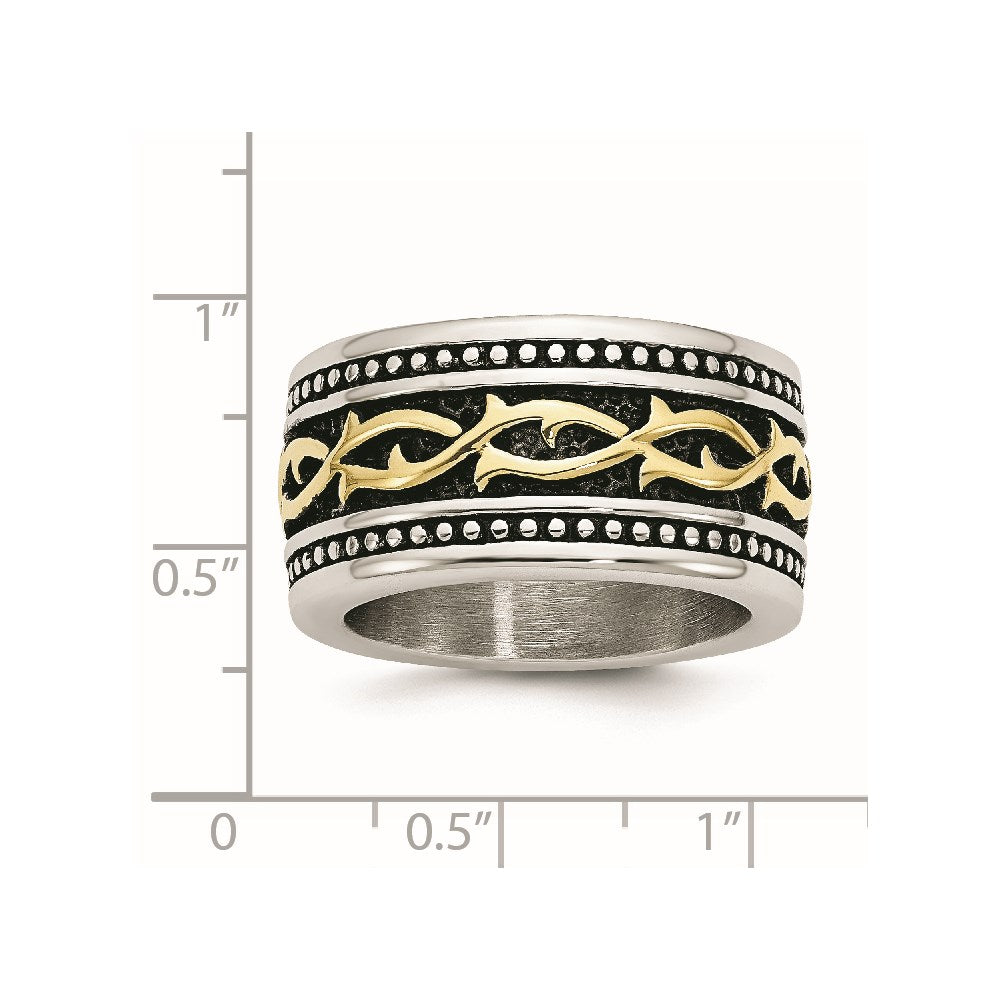Stainless Steel Antiqued And Polished Yellow Ip Plated 13.25mm Band