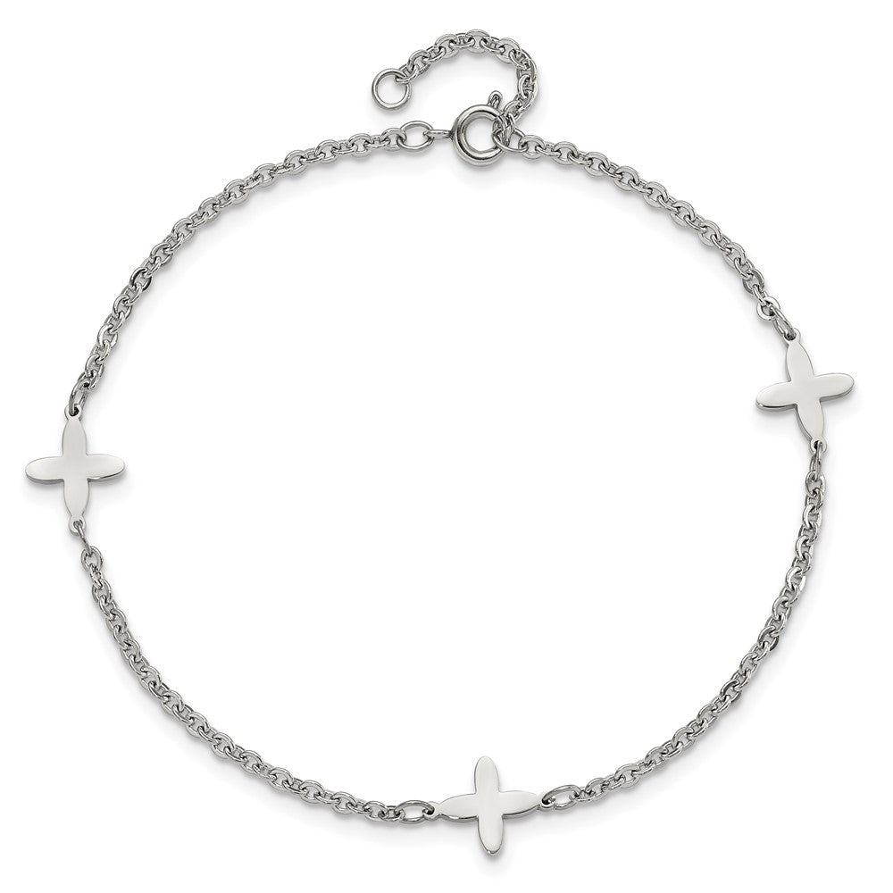 Stainless Steel Chisel Polished Cross Charms 9 Inch Anklet Plus 1 Extension