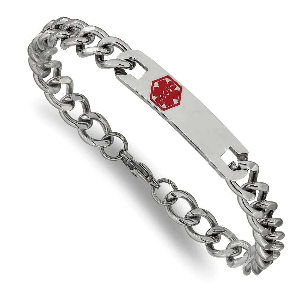 Stainless Steel Chisel Polished With Red Enamel Medical Id 9.5 Inch Curb Chain Bracelet