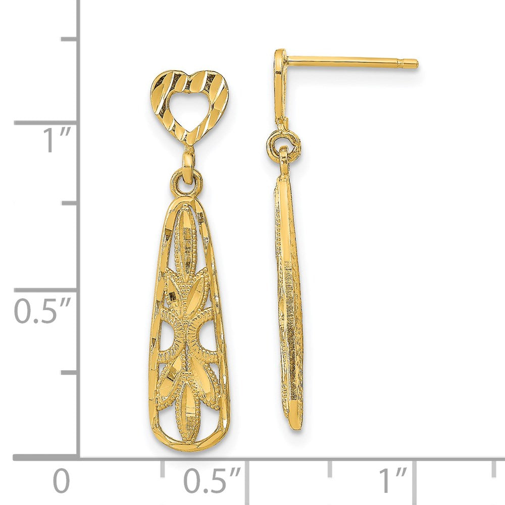 14K Yellow Gold D/C Teardrop Heart Dangle Post Earrings