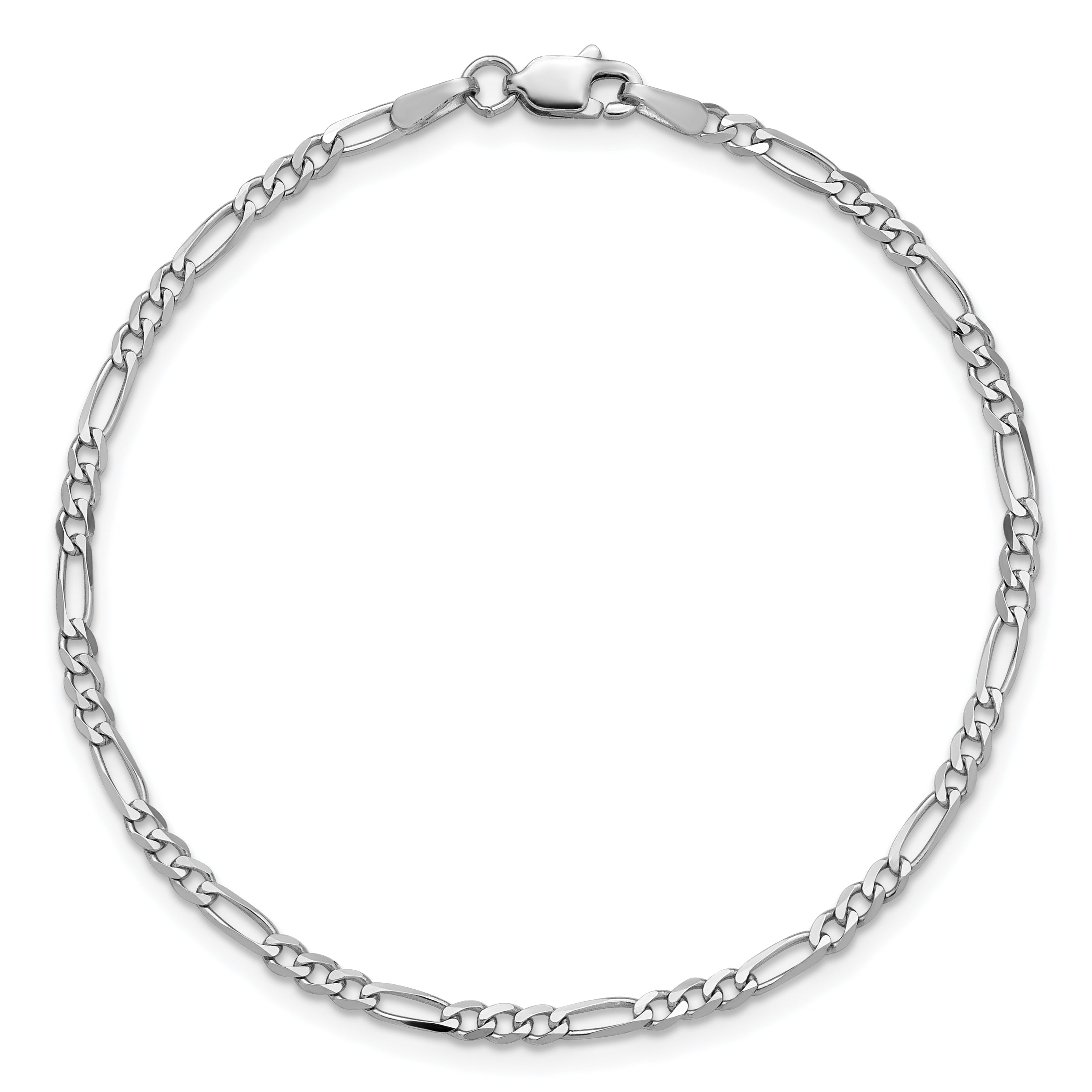 14K White Gold 9 Inch 2.25mm Flat Figaro With Lobster Clasp Anklet