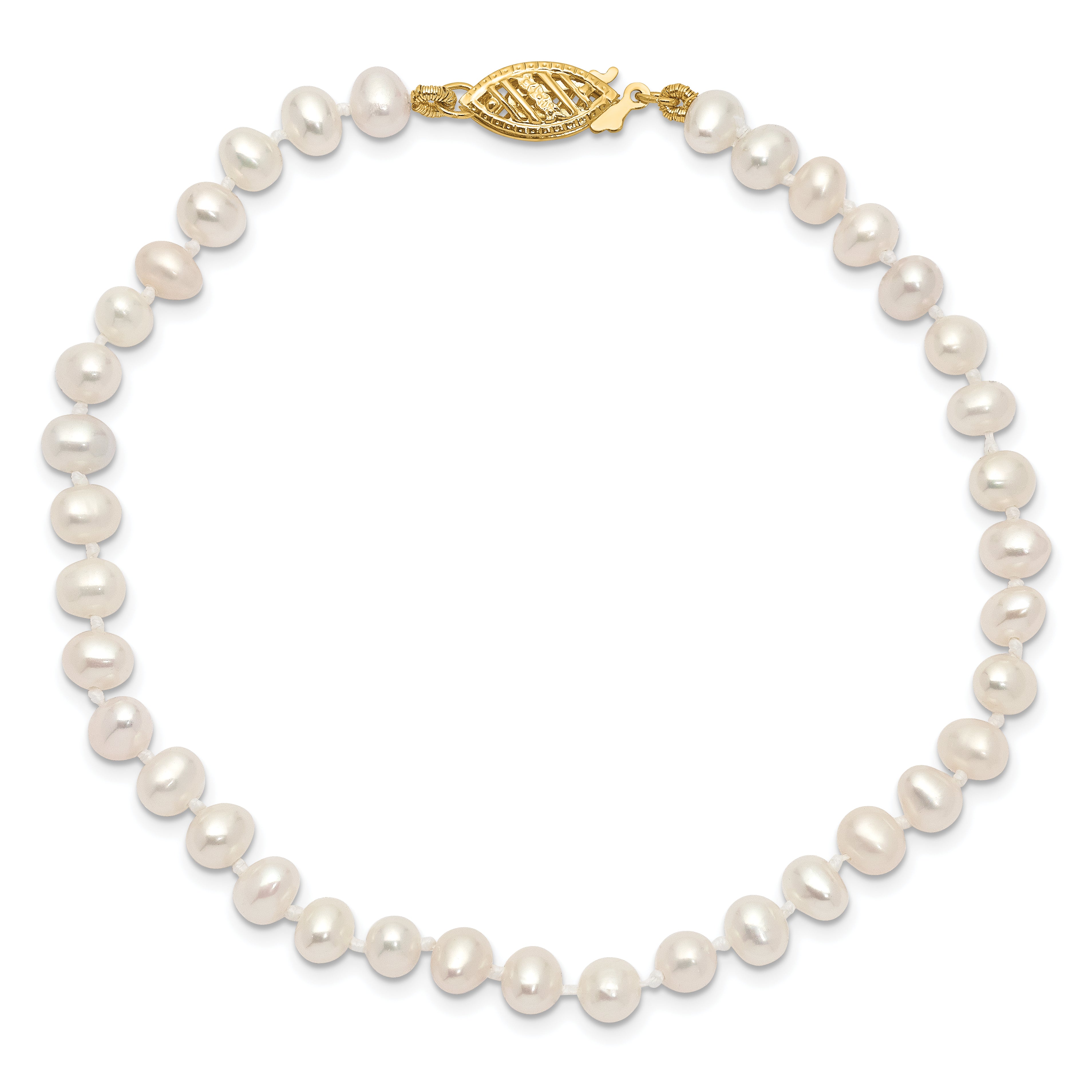 14K Yellow Gold 4 5mm White Near Round Freshwater Cultured Pearl 7.5 Inch Bracelet