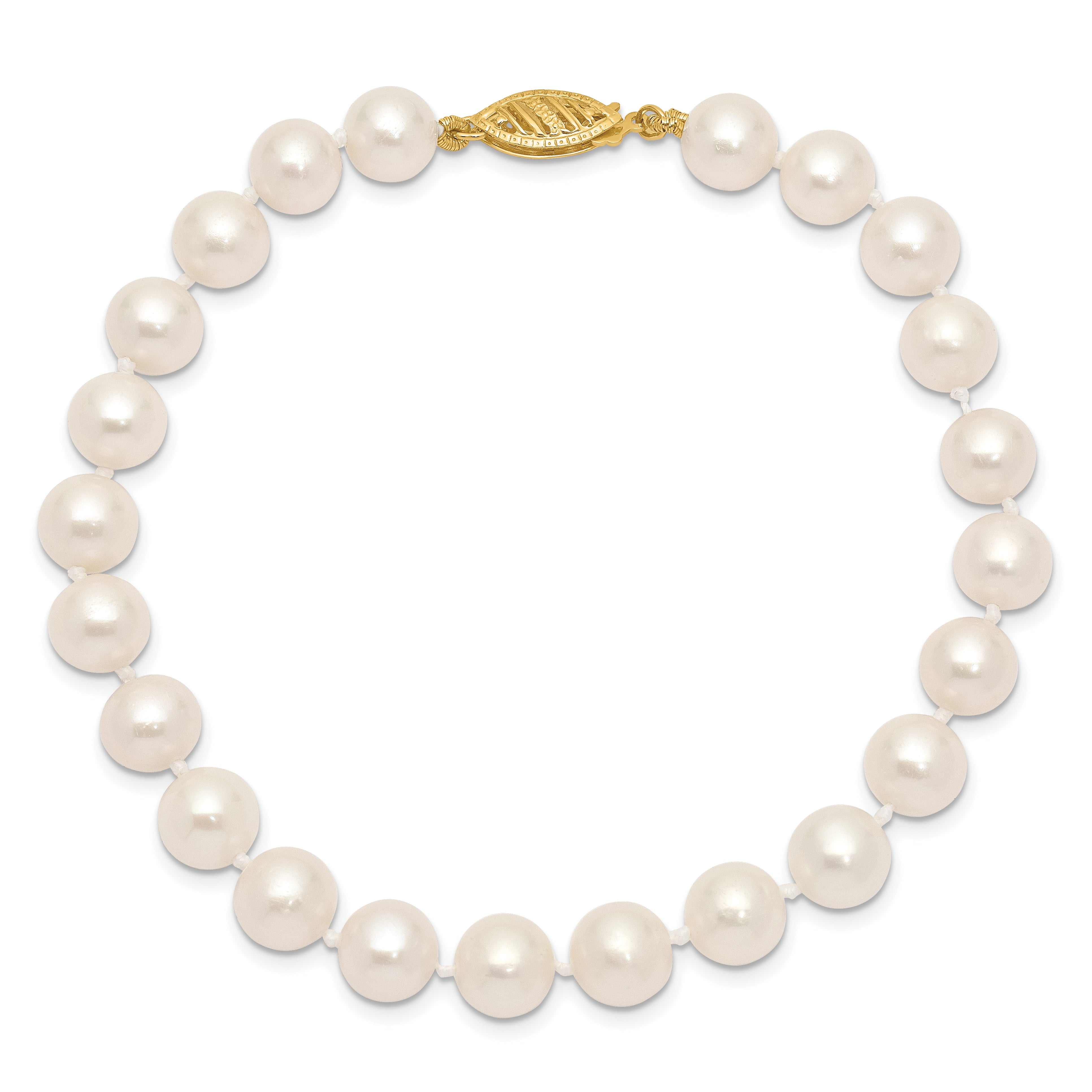 10K Yellow Gold 7-8mm White Near Round Freshwater Cultured Pearl 8.25 Inch Bracelet