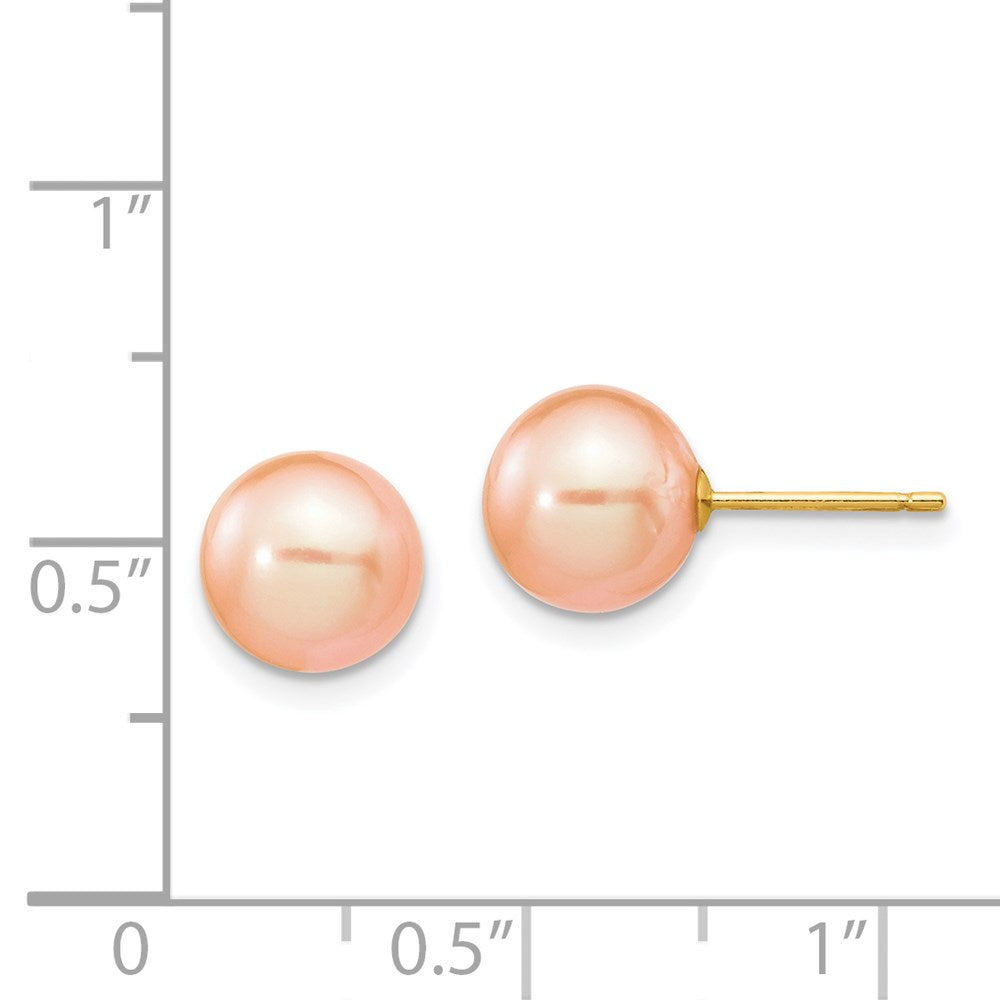 14K Yellow Gold 8 9mm Pink Round Freshwater Cultured Pearl Stud Post Earrings