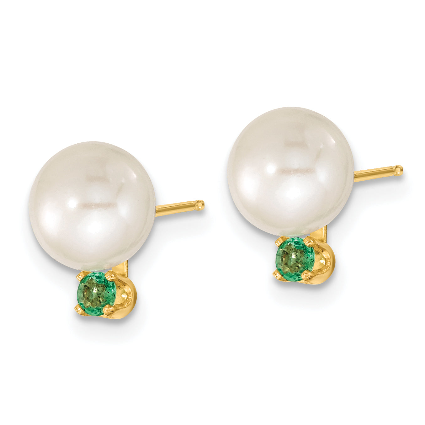 14k Yellow Gold 14k 7-8mm White Round Freshwater Cultured Pearl and .21EM Emerald Post Earrings and Pendant Set