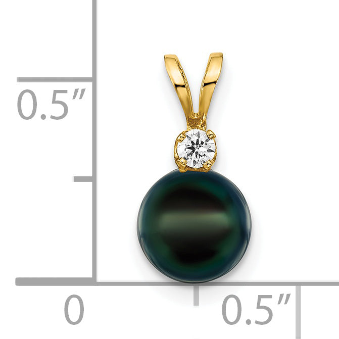 14k Yellow Gold 14k 7-8mm Black Round Akoya Saltwater Cultured Pearl and 1/20 Carat Diamond Pendant