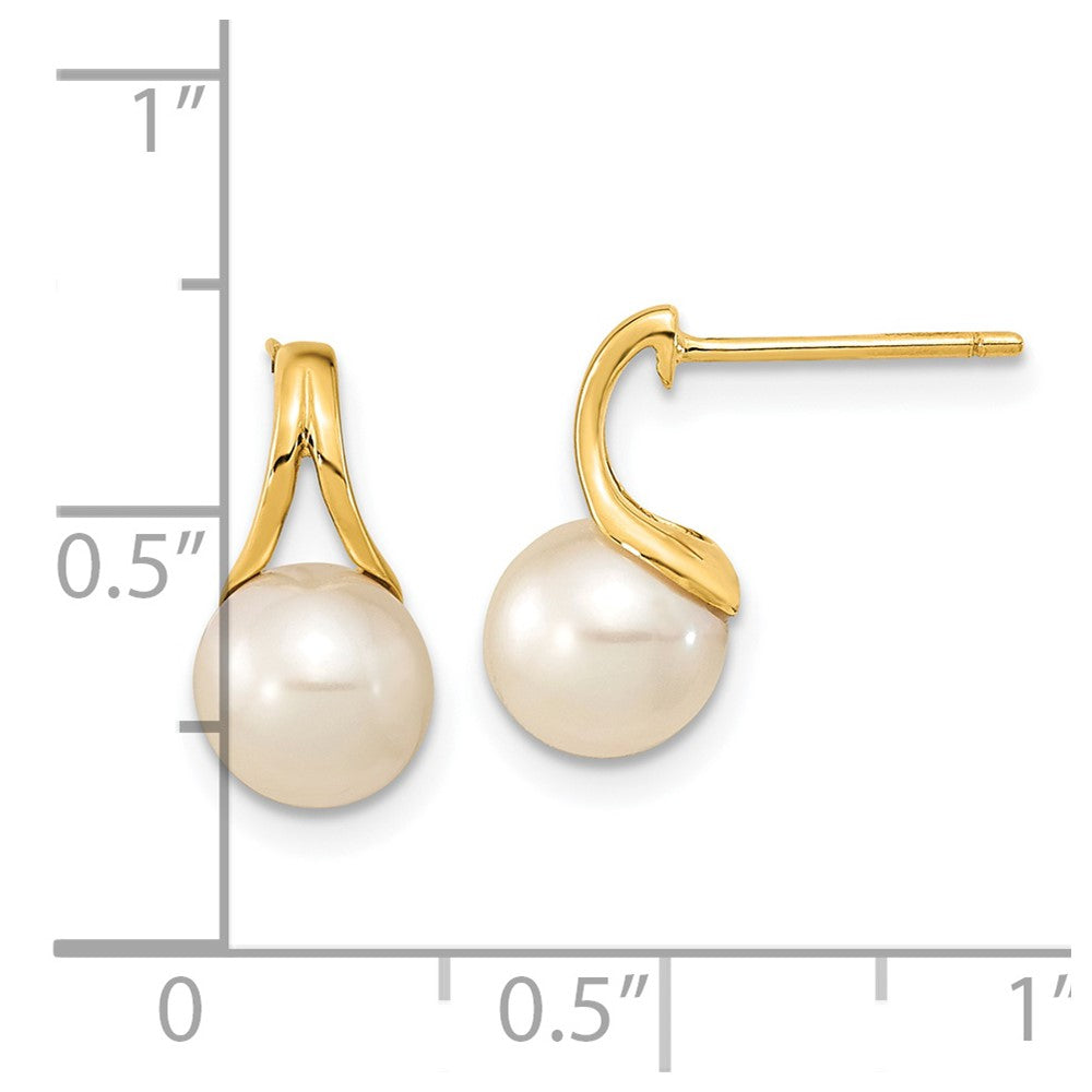 14K Yellow Gold 7 8mm White Round Freshwater Cultured Pearl Post Earrings