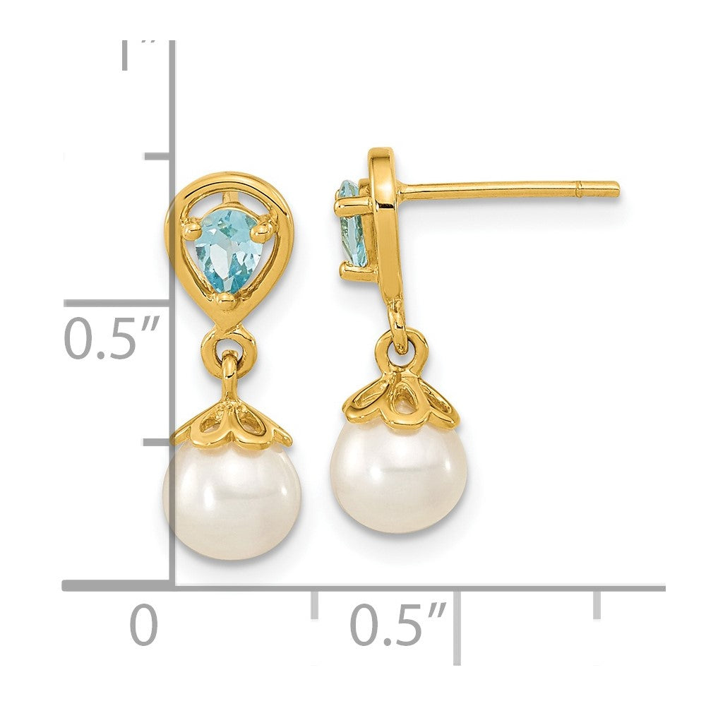14K Yellow Gold 6 7mm Fwc Pearl Light Swiss Blue Topaz Dangle Post Earrings