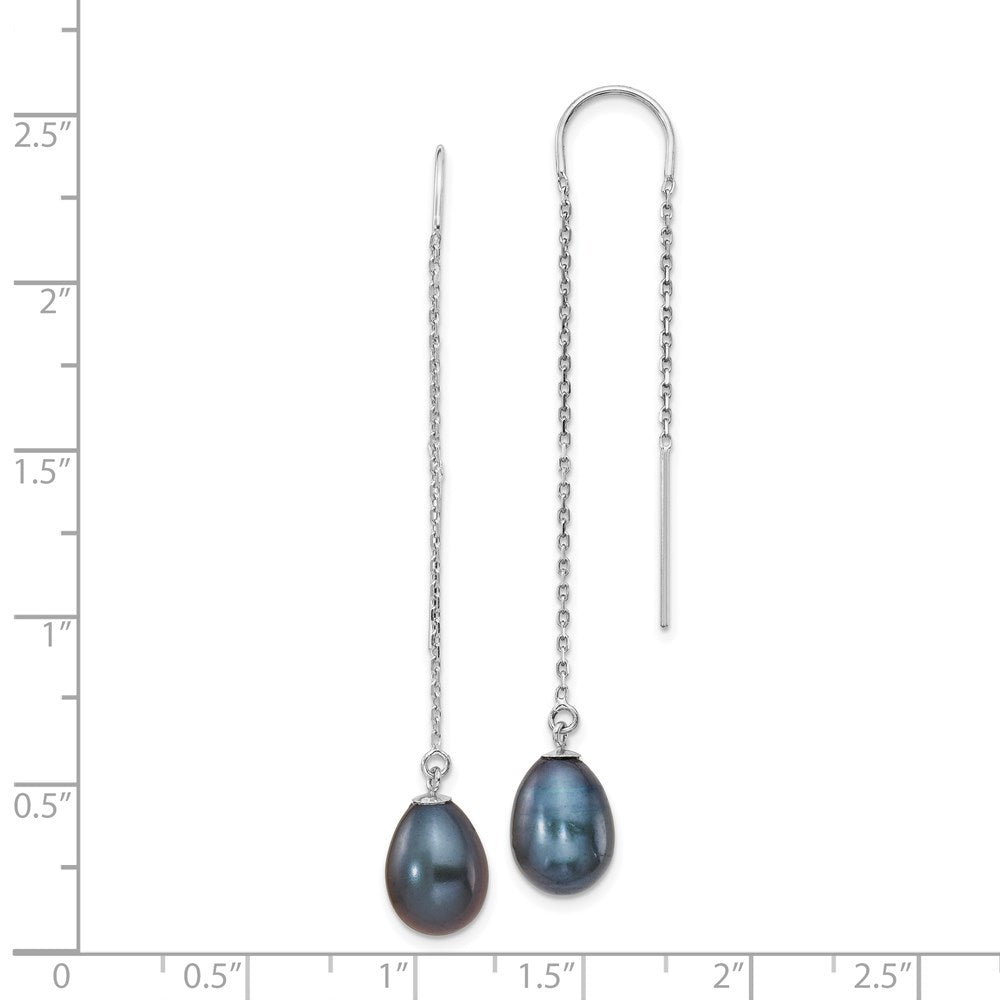 14K White Gold 7 8mm Black Teardrop Freshwater Cultured Pearl Threader Earrings