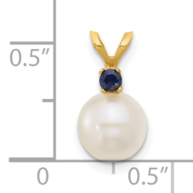 14k Yellow Gold 14k 7-7.5mm White Round Freshwater Cultured Pearl and .09SA Sapphire Pendant