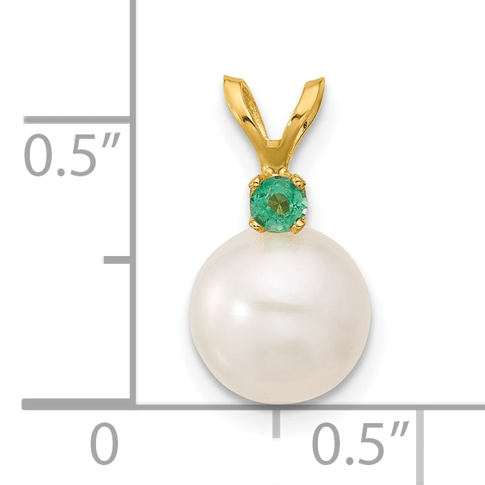 14k Yellow Gold 14k8-8.5mm White Round Freshwater Cultured Pearl and .09EM Emerald Pendant