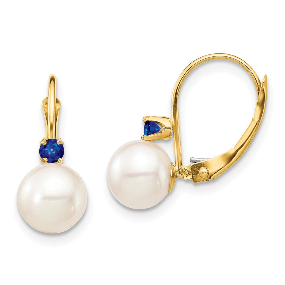 14K Yellow Gold 7 7.5mm White Round Freshwater Cultured Pearl And .18Sa Sapphire Leverback Earrings