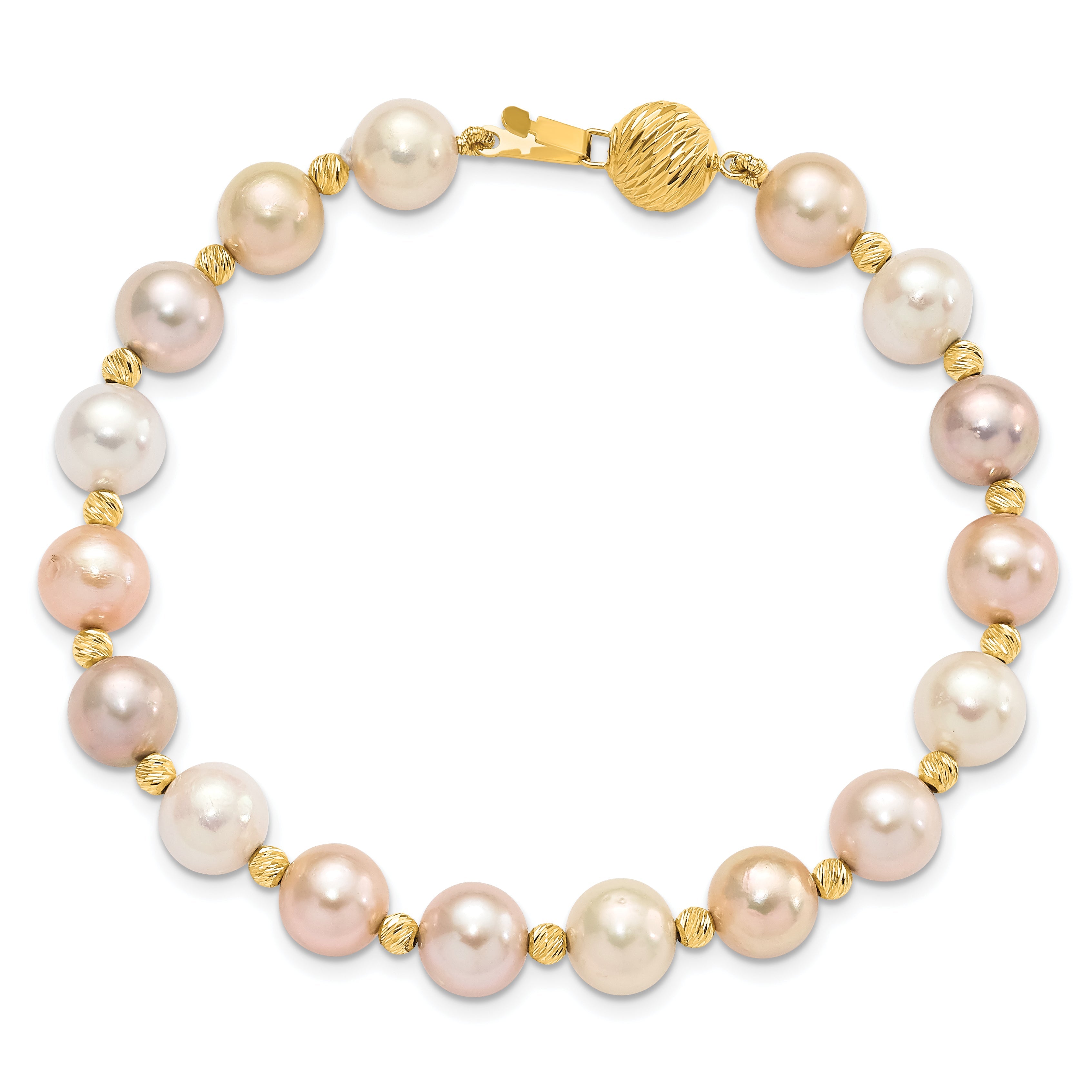 14K Yellow Gold 8 9mm Pink/Purple/White Semi Round Freshwater Cultured Pearl And Diamond Cut Beaded 7.5 Inch Bracelet