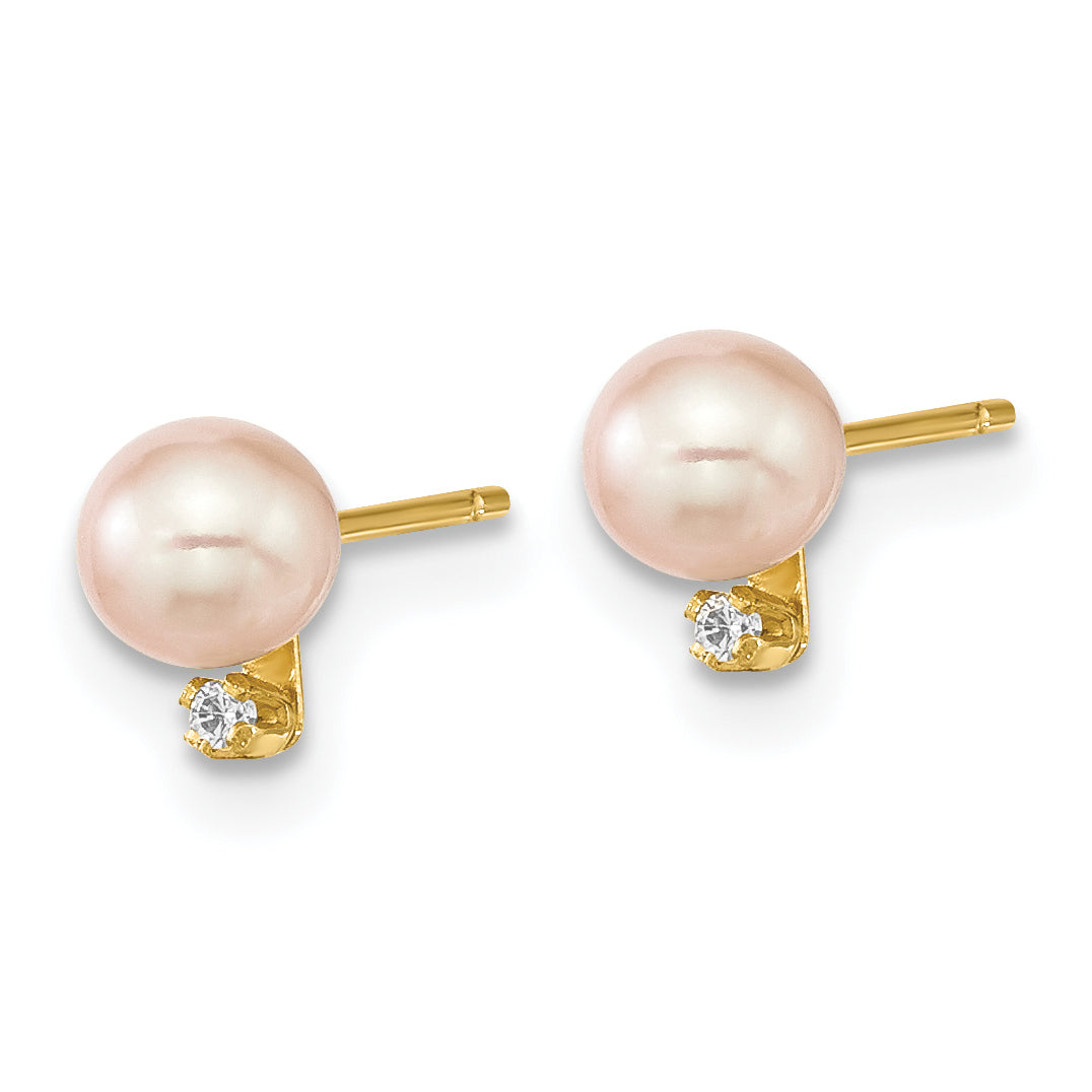 14k Yellow Gold 14K Madi K 4-5mm Rd Pink FWC Pearl .03ct. Diamond Earring and Pendant Set