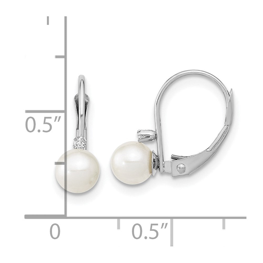 14K White Gold 5 6mm Round Freshwater Cultured Pearl And .02 Carat Diamond Leverback Earrings
