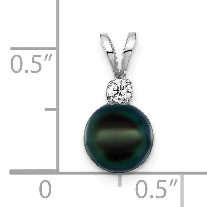 14k White Gold 14k White Gold 7-8mm Black Round Akoya Saltwater Cultured Pearl and 1/20 Carat Diamond Pendant