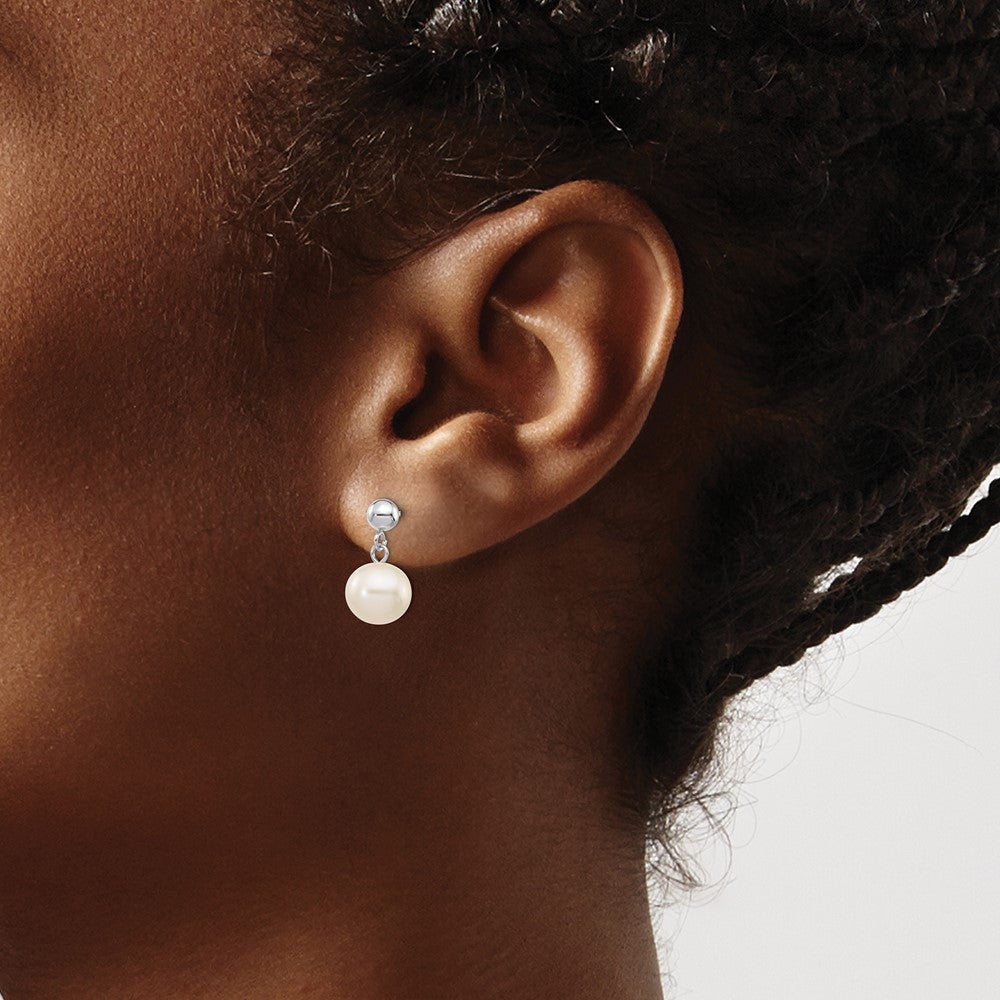 14K White Gold 8 8.5mm Round Freshwater Cultured Pearl Post Dangle Earrings