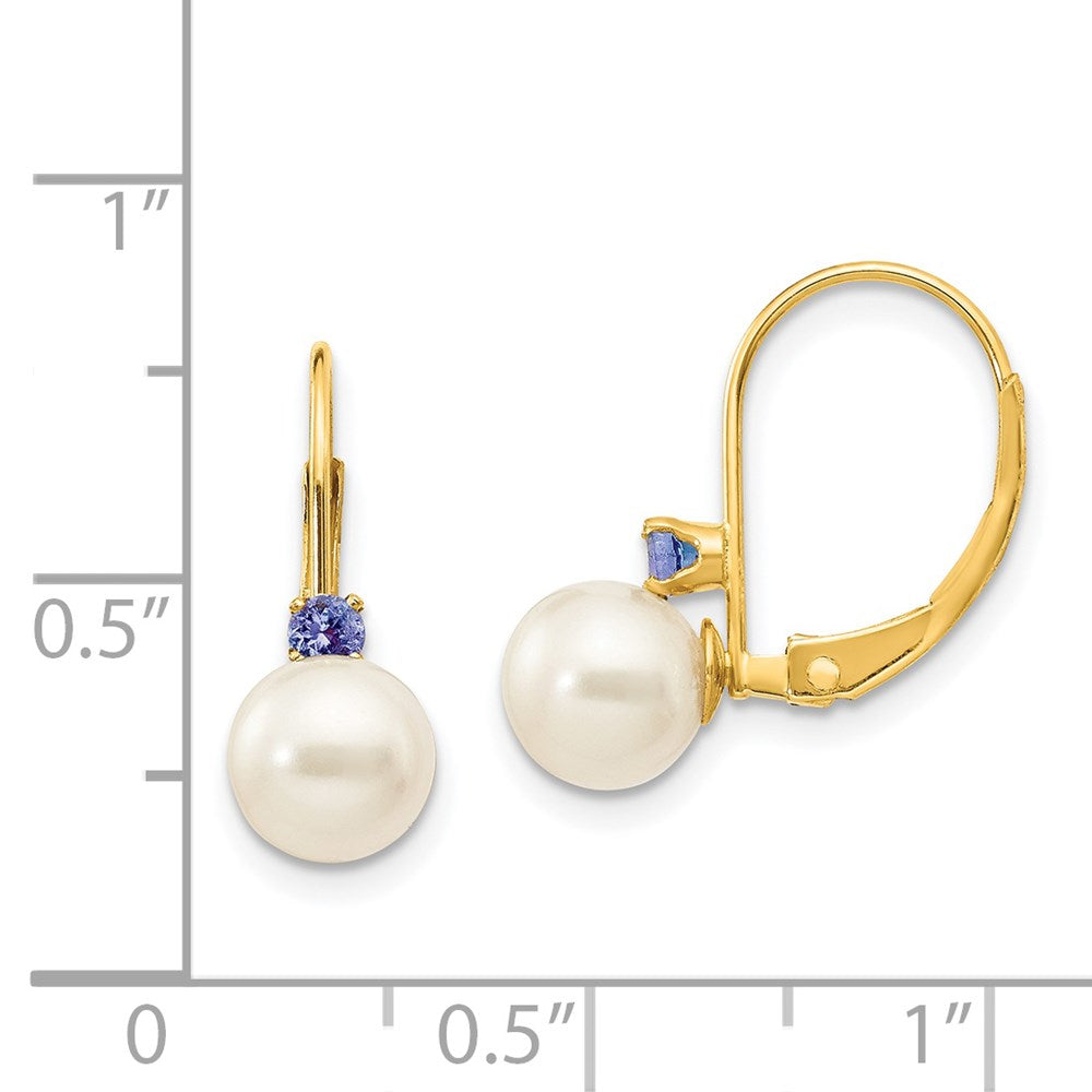 14K Yellow Gold 6 6.5mm White Round Fw Cultured Pearl Tanzanite Leverback Earrings