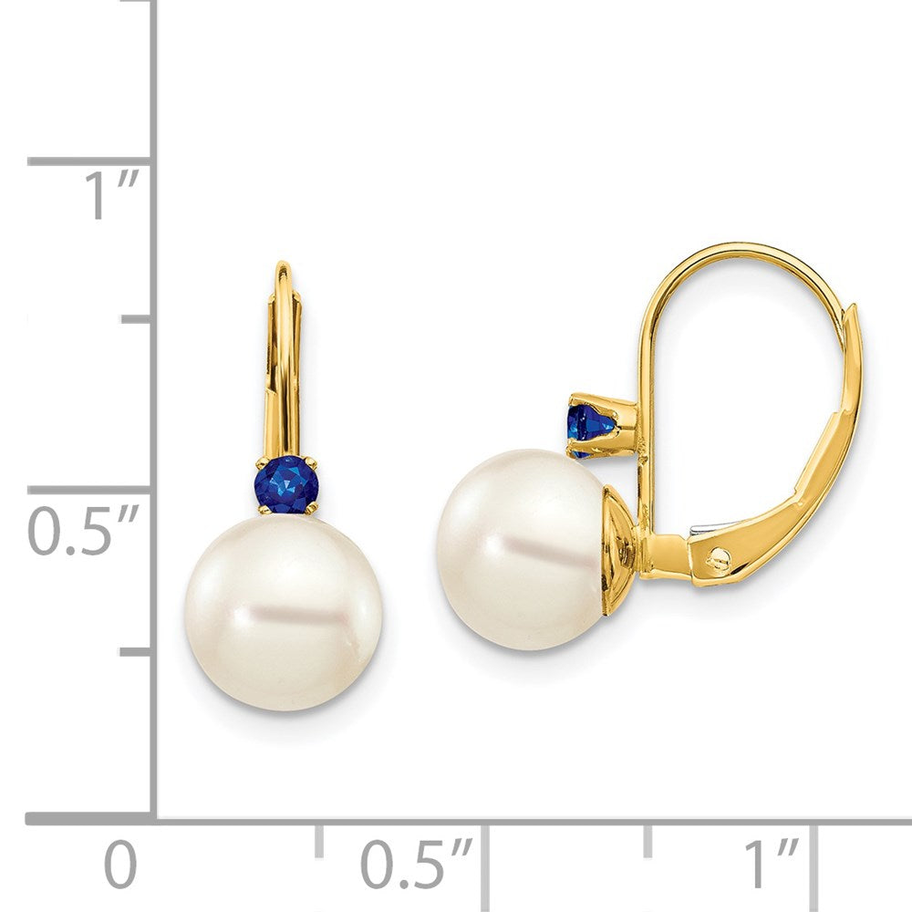 14K Yellow Gold 7 7.5mm White Round Fw Cultured Pearl Sapphire Leverback Earrings