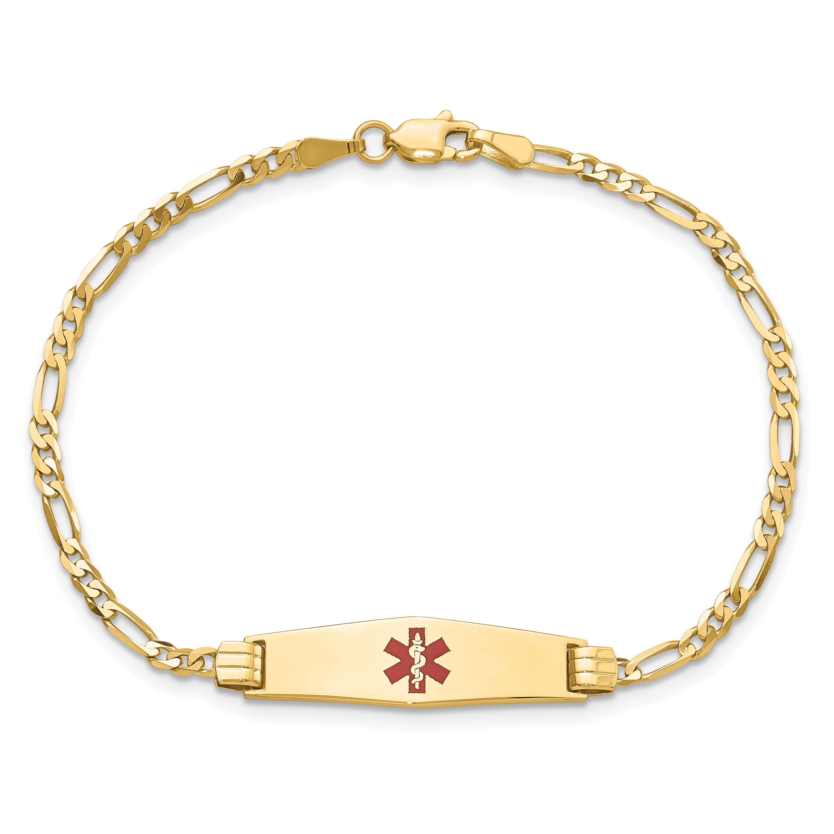 14K Yellow Gold Medical Solid Chain/Solid Plate 24X7mm Soft Diamond Shape Centered Red Enamel Figaro Link 7 Inch Id Bracelet