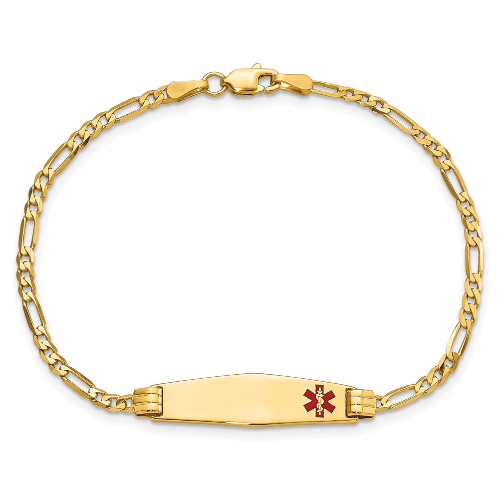 14K Yellow Gold Medical Solid Chain/Solid Plate 26X7mm Soft Diamond Shape Off Center Red Enamel Figaro Link 7 Inch Id Bracelet