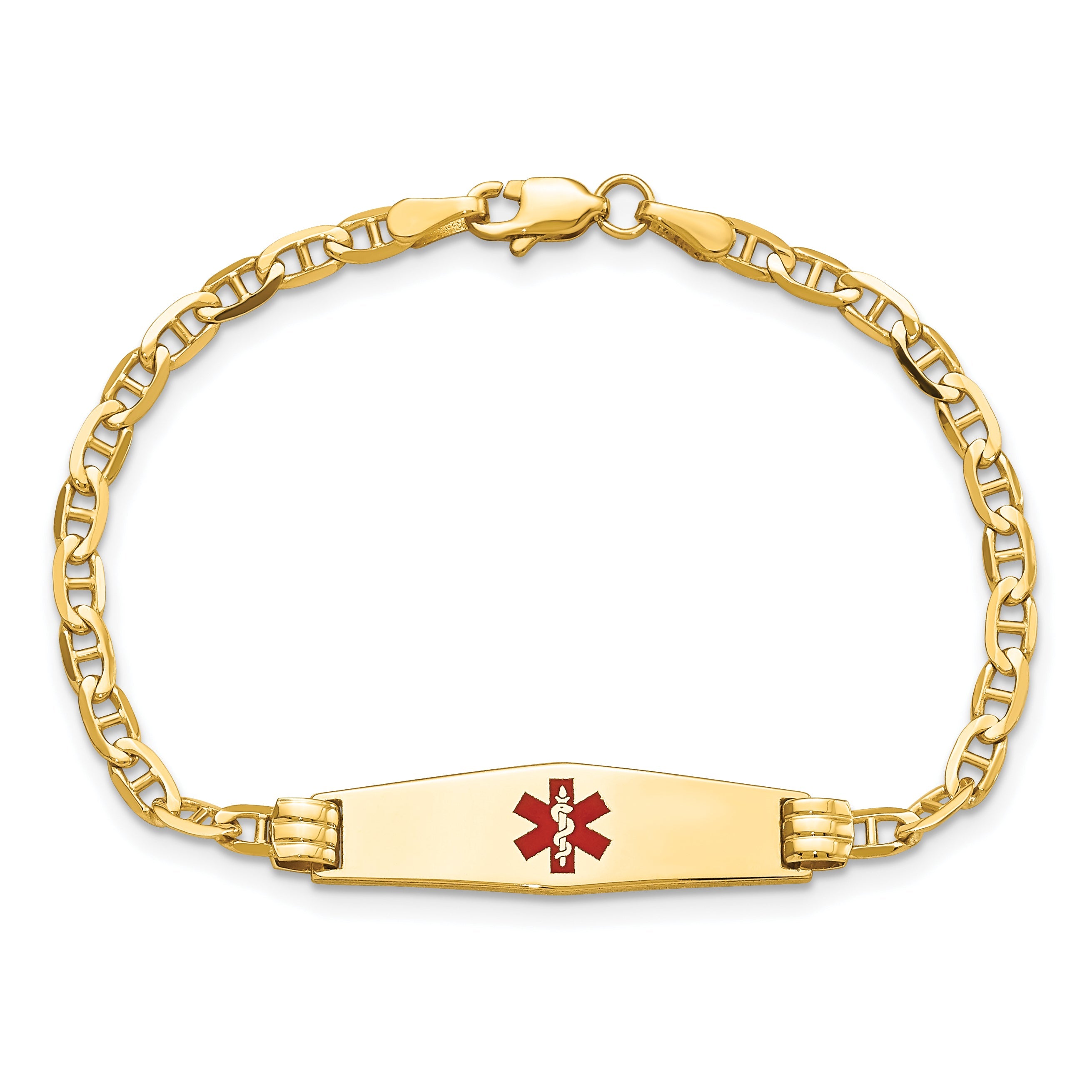 14K Yellow Gold Medical Solid Chain/Solid Plate 25X7mm Soft Diamond Shape Centered Red Enamel Anchor Link 6 Inch Baby/Child Id Bracelet